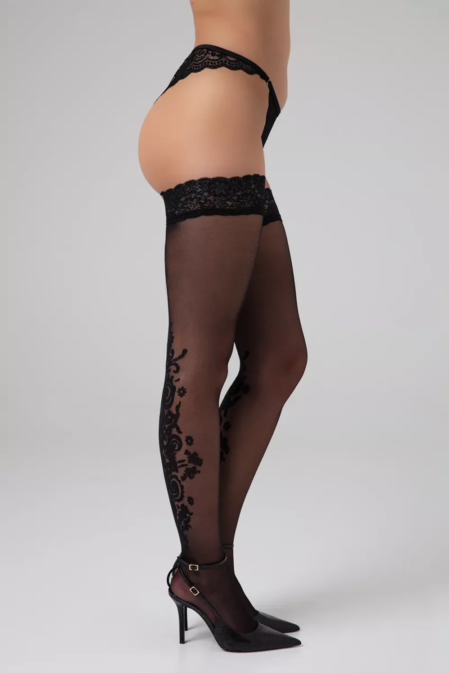 Κάλτσες με floral σχέδιο Luxury Stay up stockings Victorious - Black - Christine
